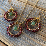 Garnet Green Aventurine Boho Jewelry Set, Burgundy Statement Necklace Earrings (January Birthstone)