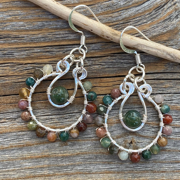 Gemstone Hoop Earrings • Boho Moss Agate & Rainbow Jasper Wire-Wrapped Silver Dangles • Lightweight Nickel-Free Gift