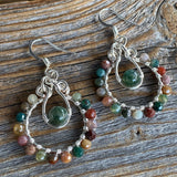 Gemstone Hoop Earrings • Boho Moss Agate & Rainbow Jasper Wire-Wrapped Silver Dangles • Lightweight Nickel-Free Gift