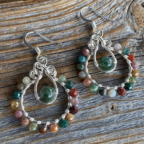 Gemstone Hoop Earrings • Boho Moss Agate & Rainbow Jasper Wire-Wrapped Silver Dangles • Lightweight Nickel-Free Gift