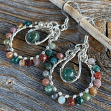Gemstone Hoop Earrings • Boho Moss Agate & Rainbow Jasper Wire-Wrapped Silver Dangles • Lightweight Nickel-Free Gift