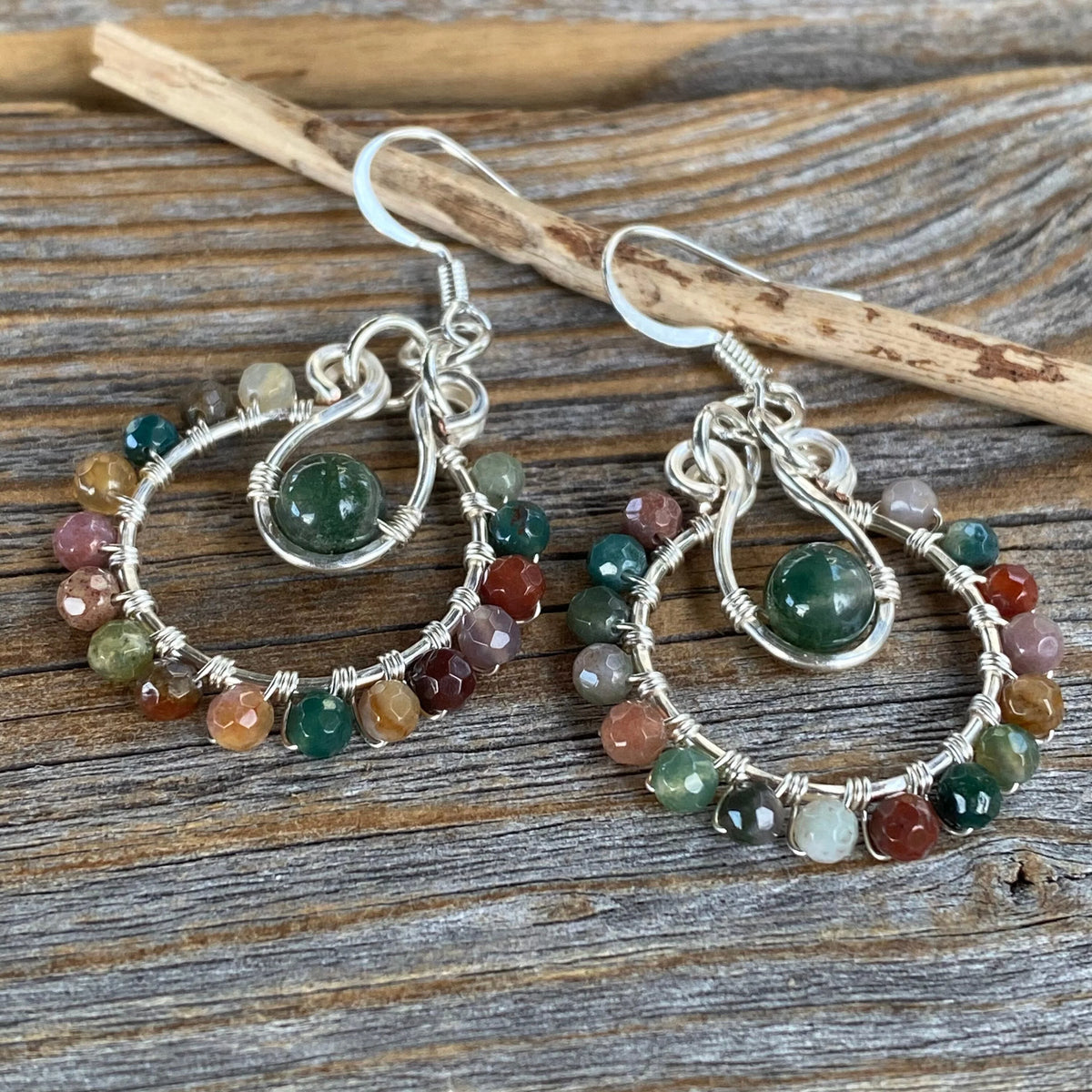 Gemstone Hoop Earrings • Boho Moss Agate & Rainbow Jasper Wire-Wrapped Silver Dangles • Lightweight Nickel-Free Gift