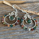 Gemstone Hoop Earrings • Boho Moss Agate & Rainbow Jasper Wire-Wrapped Silver Dangles • Lightweight Nickel-Free Gift