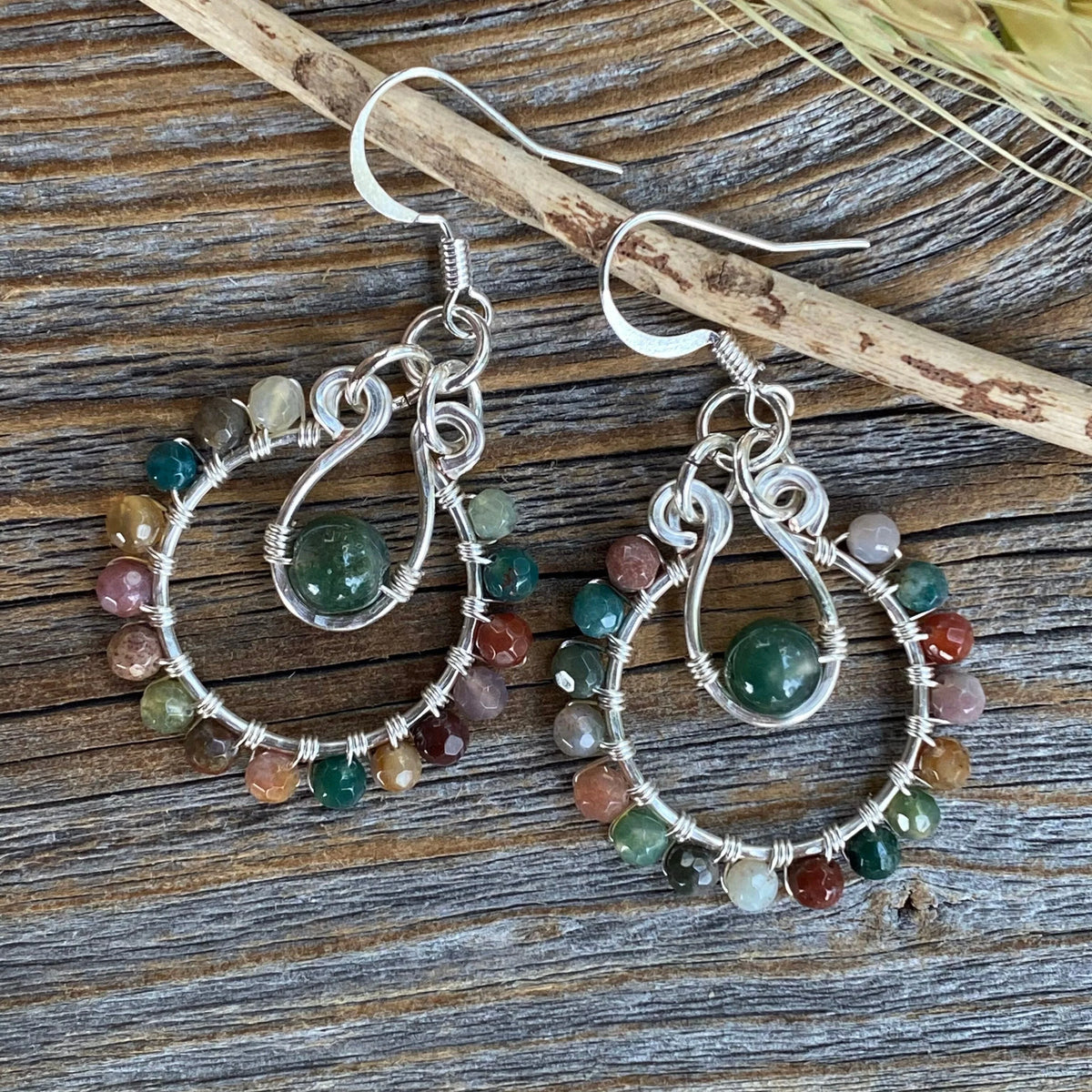 Gemstone Hoop Earrings • Boho Moss Agate & Rainbow Jasper Wire-Wrapped Silver Dangles • Lightweight Nickel-Free Gift