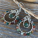 Gemstone Hoop Earrings • Boho Moss Agate & Rainbow Jasper Wire-Wrapped Silver Dangles • Lightweight Nickel-Free Gift