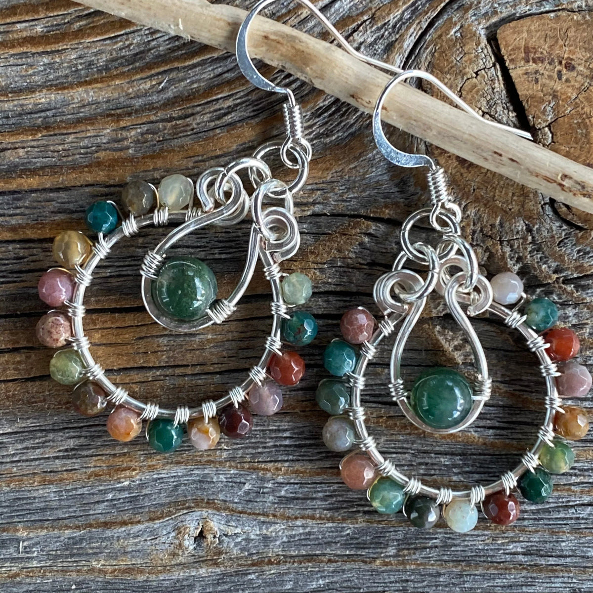 Gemstone Hoop Earrings • Boho Moss Agate & Rainbow Jasper Wire-Wrapped Silver Dangles • Lightweight Nickel-Free Gift