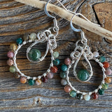 Gemstone Hoop Earrings • Boho Moss Agate & Rainbow Jasper Wire-Wrapped Silver Dangles • Lightweight Nickel-Free Gift