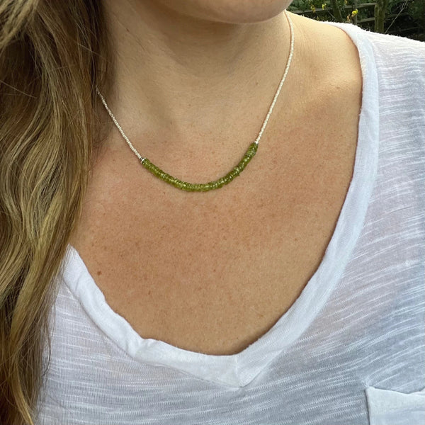 Genuine Peridot Beaded Necklace, Sterling Silver Clasp, August Birthstone