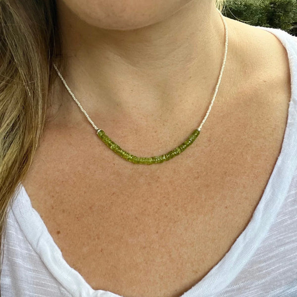 Genuine Peridot Beaded Necklace, Sterling Silver Clasp, August Birthstone