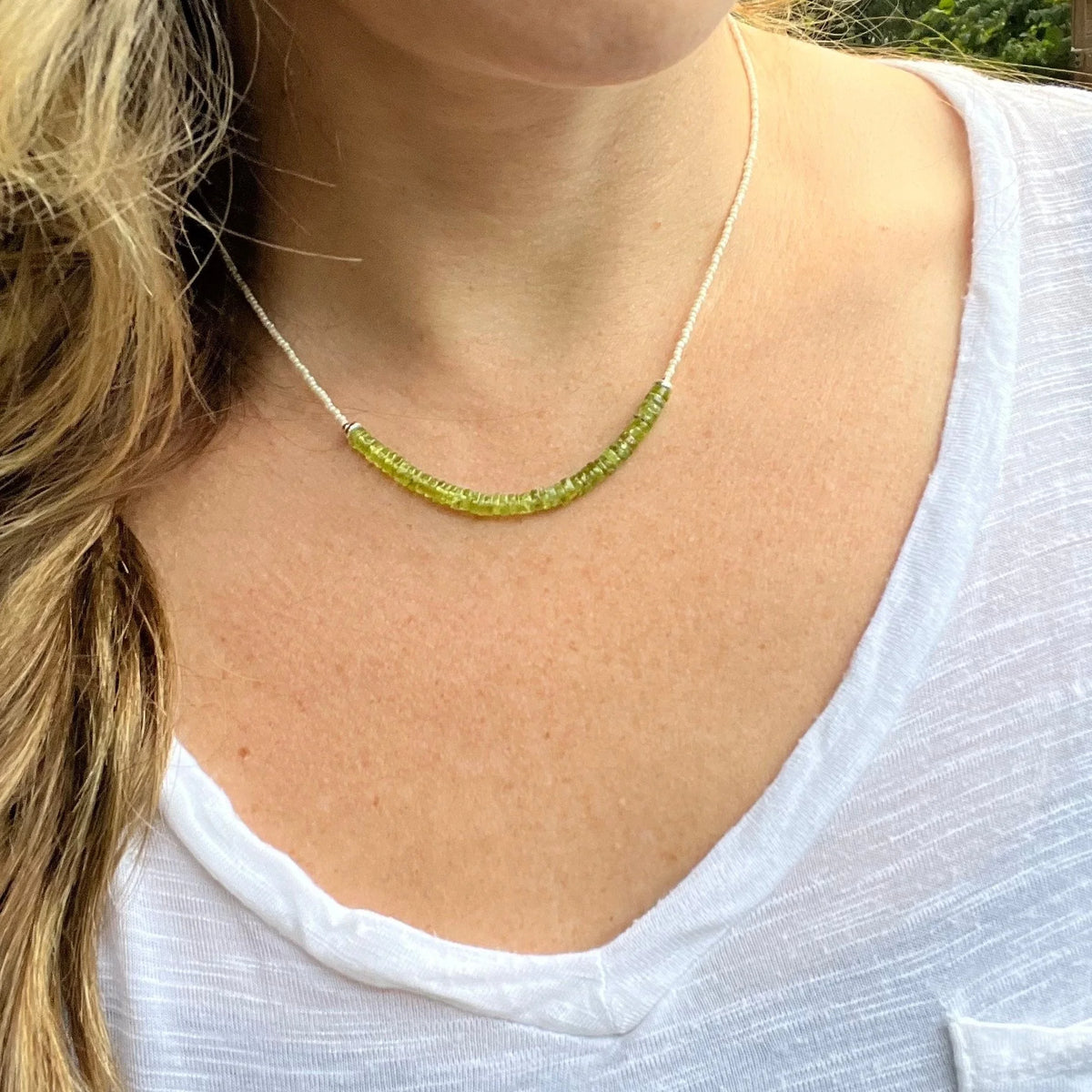 Genuine Peridot Beaded Necklace, Sterling Silver Clasp, August Birthstone