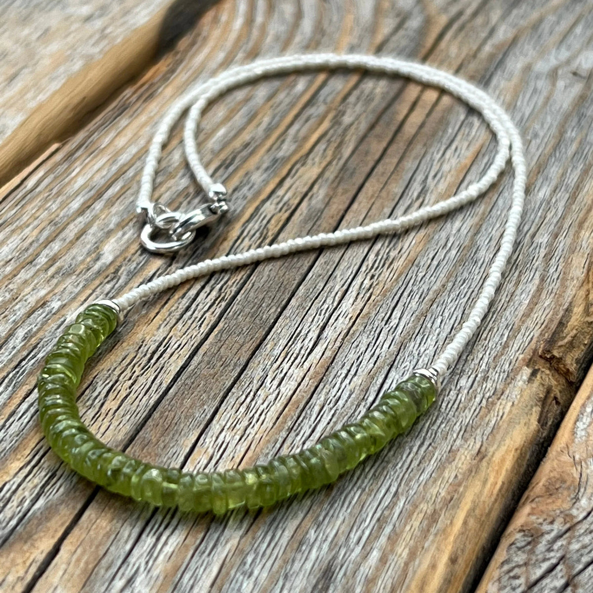 Genuine Peridot Beaded Necklace, Sterling Silver Clasp, August Birthstone