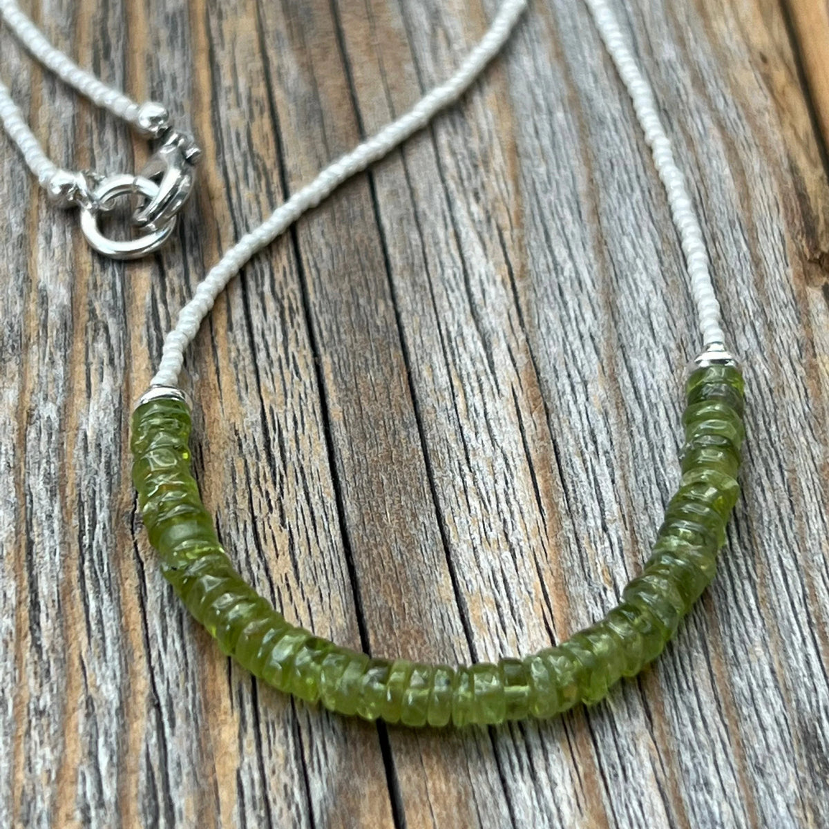Genuine Peridot Beaded Necklace, Sterling Silver Clasp, August Birthstone