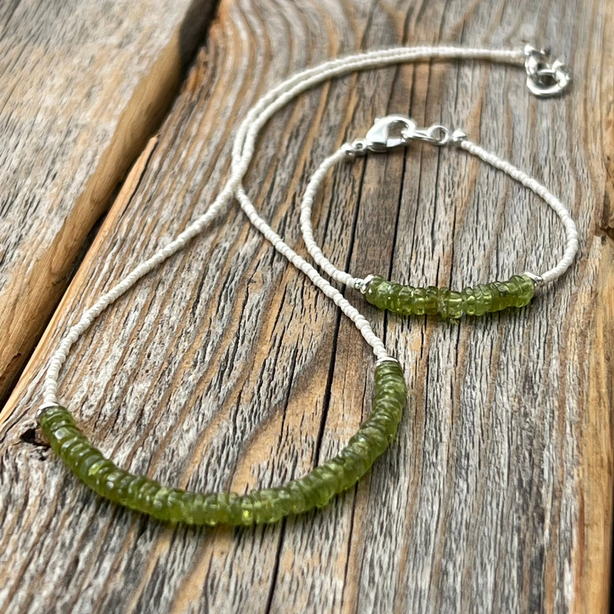 Genuine Peridot Beaded Necklace, Sterling Silver Clasp, August Birthstone