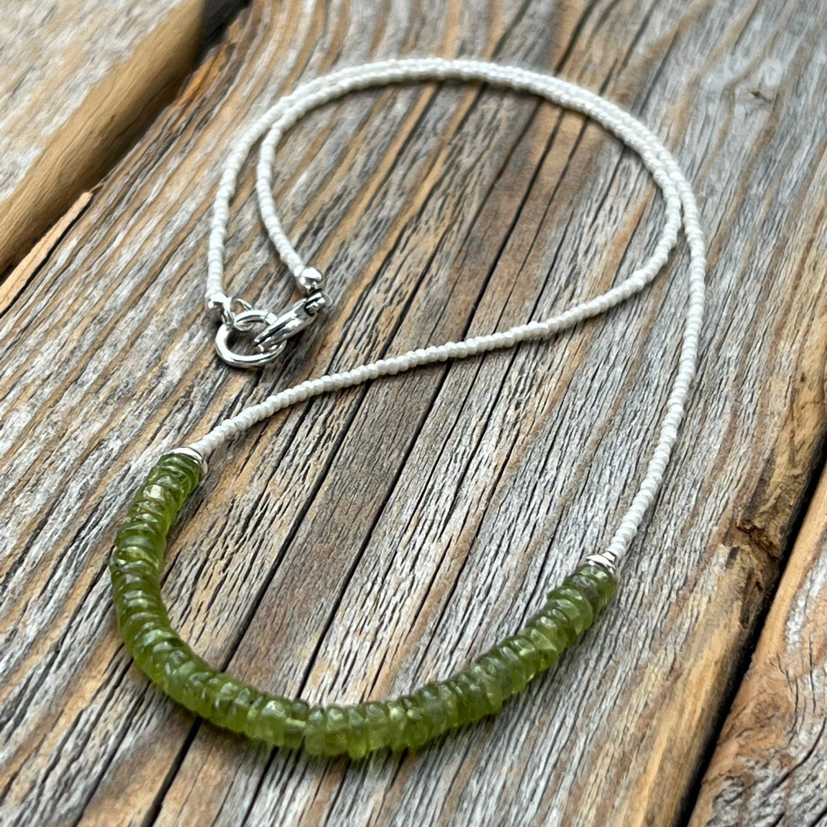 Genuine Peridot Beaded Necklace, Sterling Silver Clasp, August Birthstone