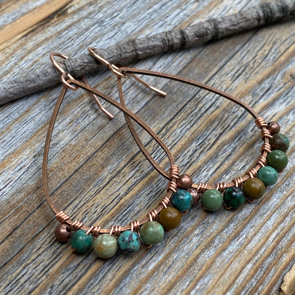 Genuine Turquoise Copper Teardrop Earrings, Wire Wrapped Boho Jewelry