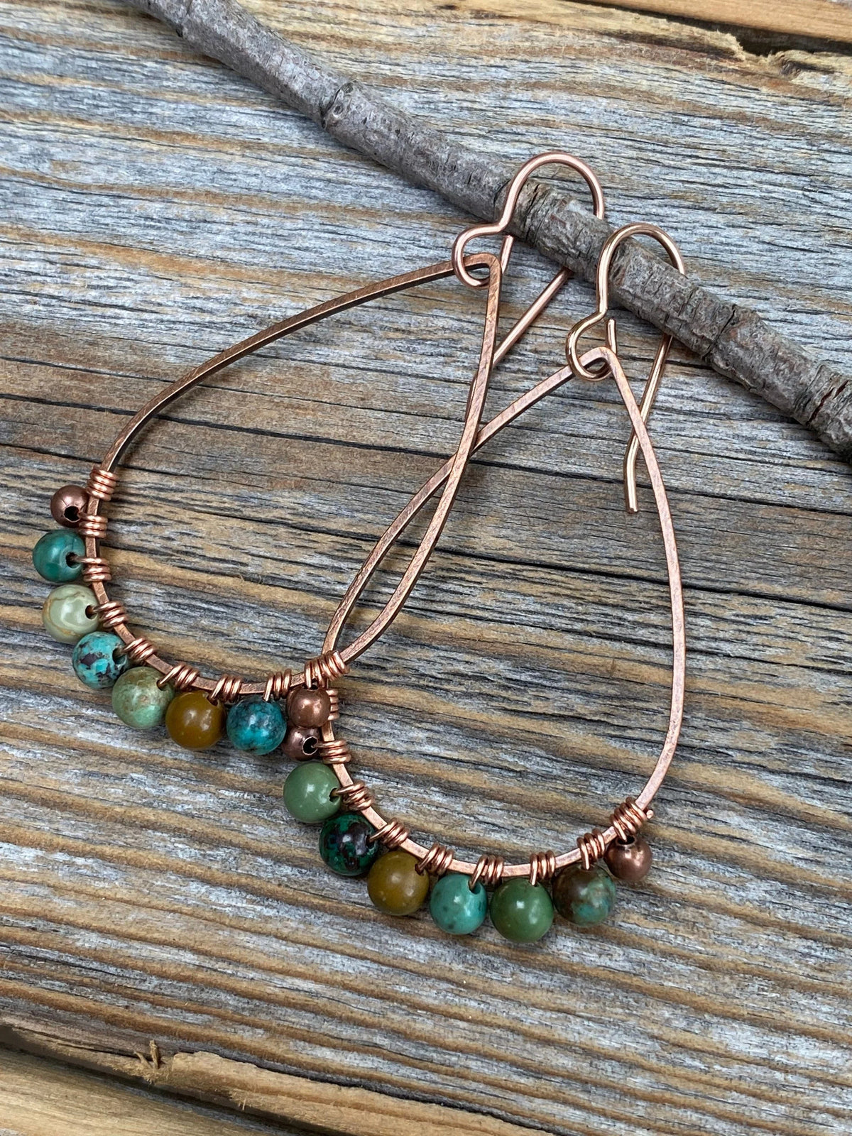 Genuine Turquoise Copper Teardrop Earrings, Wire Wrapped Boho Jewelry