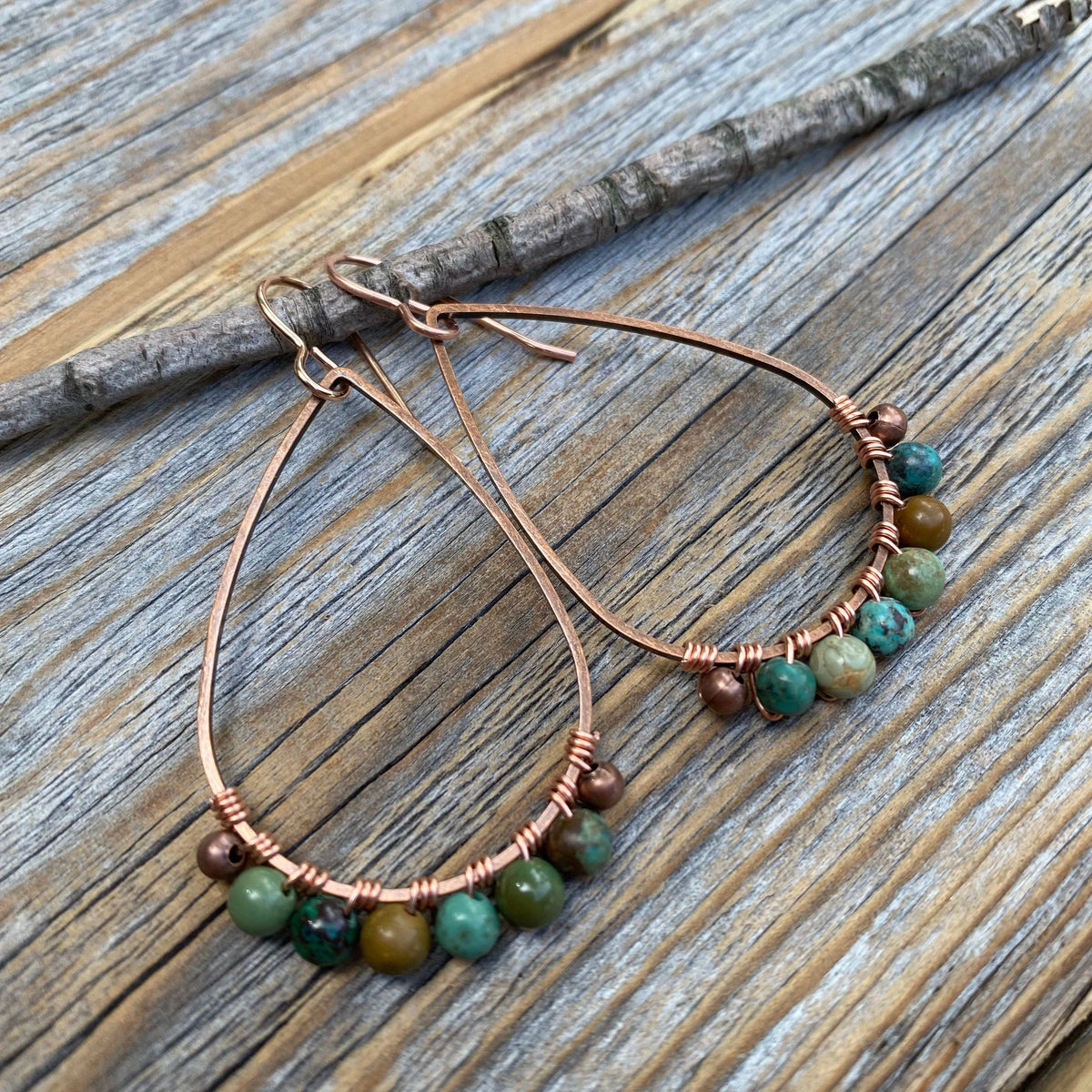 Genuine Turquoise Copper Teardrop Earrings, Wire Wrapped Boho Jewelry