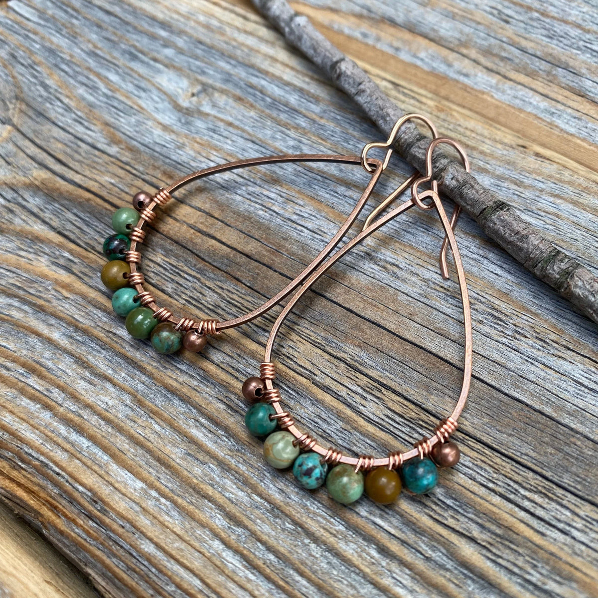 Genuine Turquoise Copper Teardrop Earrings, Wire Wrapped Boho Jewelry
