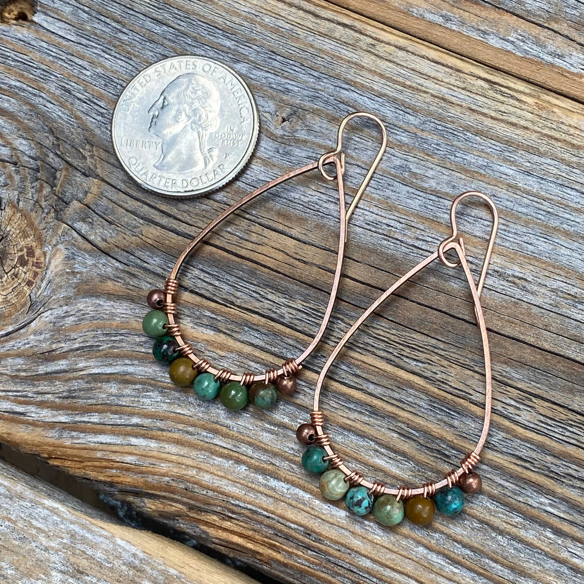 Genuine Turquoise Copper Teardrop Earrings, Wire Wrapped Boho Jewelry