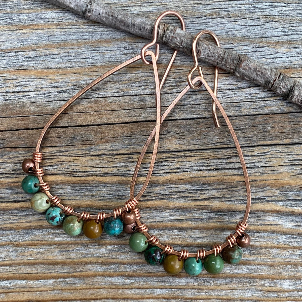 Genuine Turquoise Copper Teardrop Earrings, Wire Wrapped Boho Jewelry