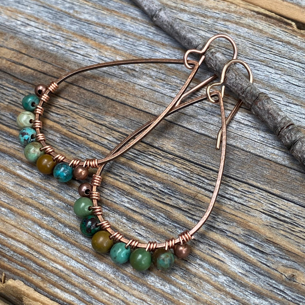 Genuine Turquoise Copper Teardrop Earrings, Wire Wrapped Boho Jewelry