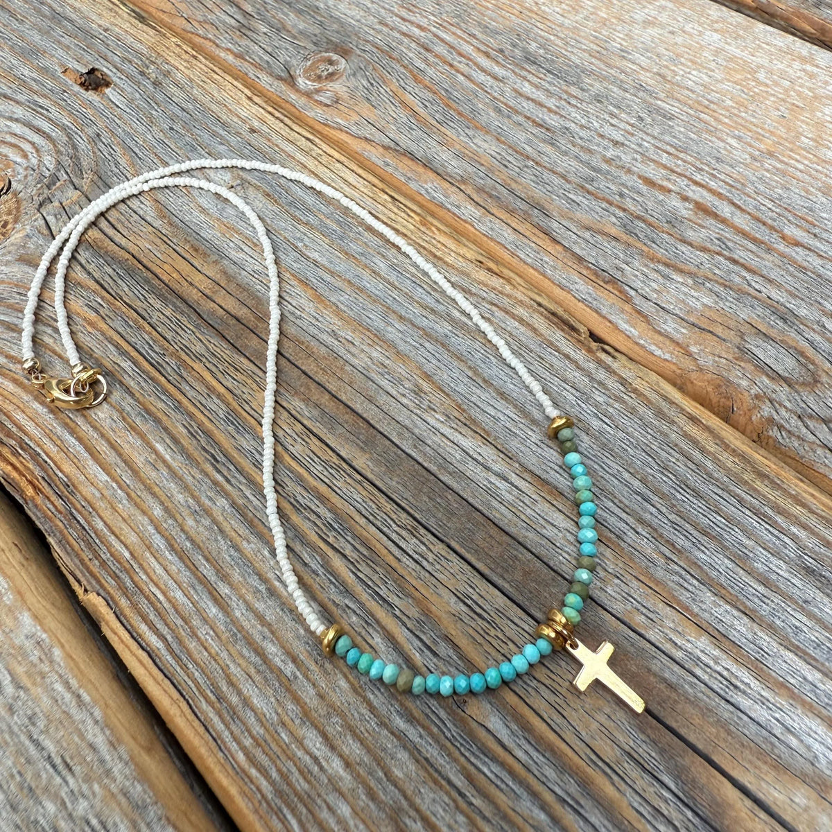 Gold Cross Necklace – Turquoise & Czech Glass Boho Faith Jewelry