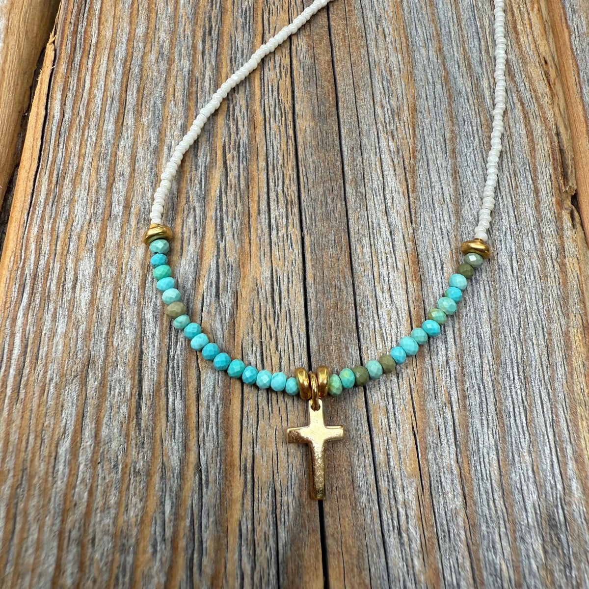 Gold Cross Necklace – Turquoise & Czech Glass Boho Faith Jewelry