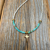 Gold Cross Necklace – Turquoise & Czech Glass Boho Faith Jewelry