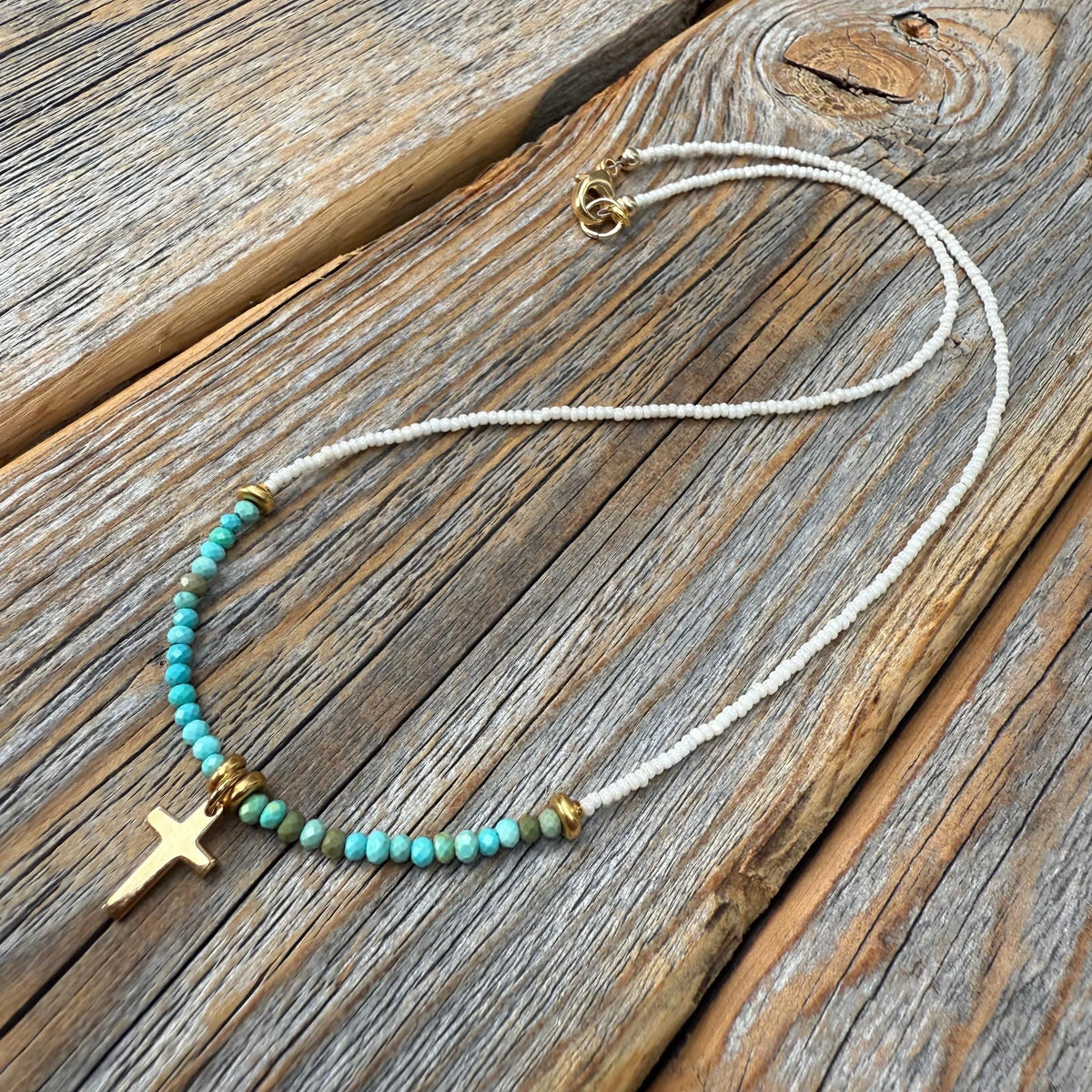 Gold Cross Necklace – Turquoise & Czech Glass Boho Faith Jewelry