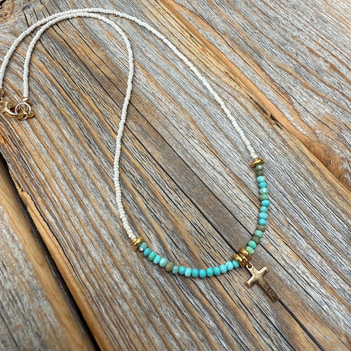 Gold Cross Necklace – Turquoise & Czech Glass Boho Faith Jewelry