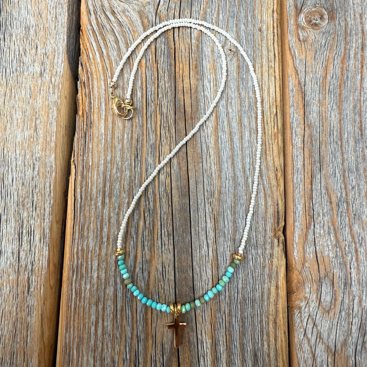 Gold Cross Necklace – Turquoise & Czech Glass Boho Faith Jewelry