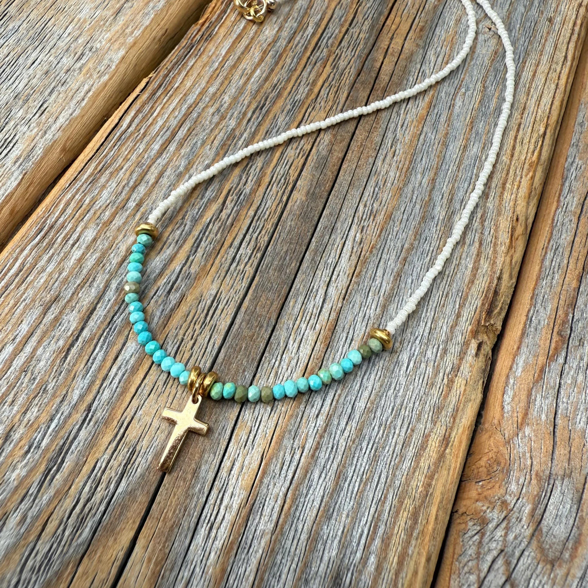 Gold Cross Necklace – Turquoise & Czech Glass Boho Faith Jewelry
