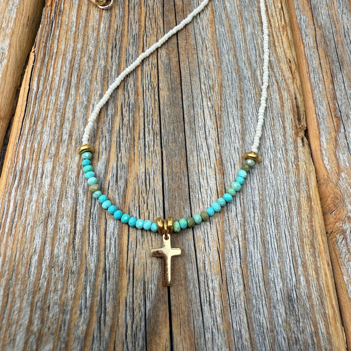 Gold Cross Necklace – Turquoise & Czech Glass Boho Faith Jewelry