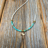 Gold Cross Necklace – Turquoise & Czech Glass Boho Faith Jewelry