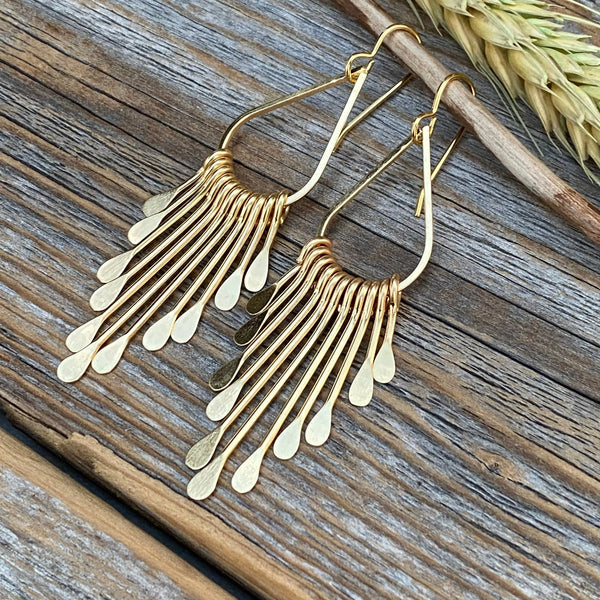 Gold Plated Brass Teardrop Earrings – Boho Hammered Paddle Fringe