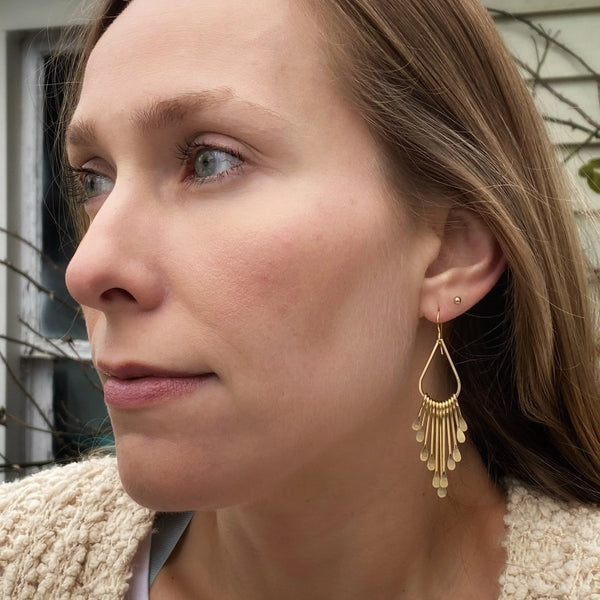 Gold Plated Brass Teardrop Earrings – Boho Hammered Paddle Fringe