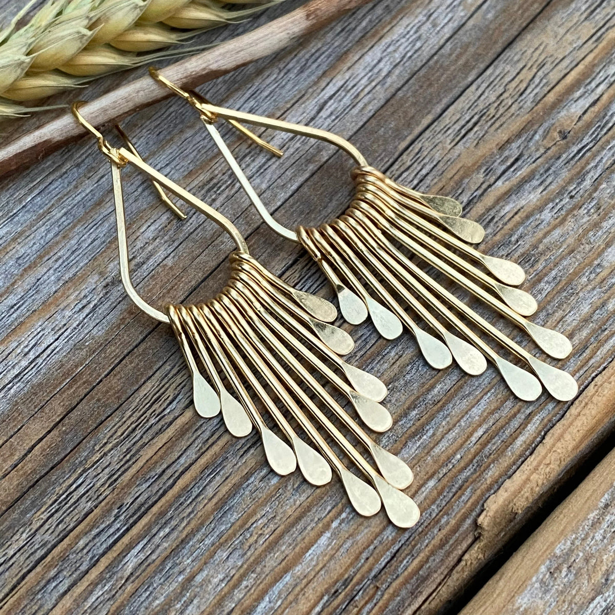 Gold Plated Brass Teardrop Earrings – Boho Hammered Paddle Fringe