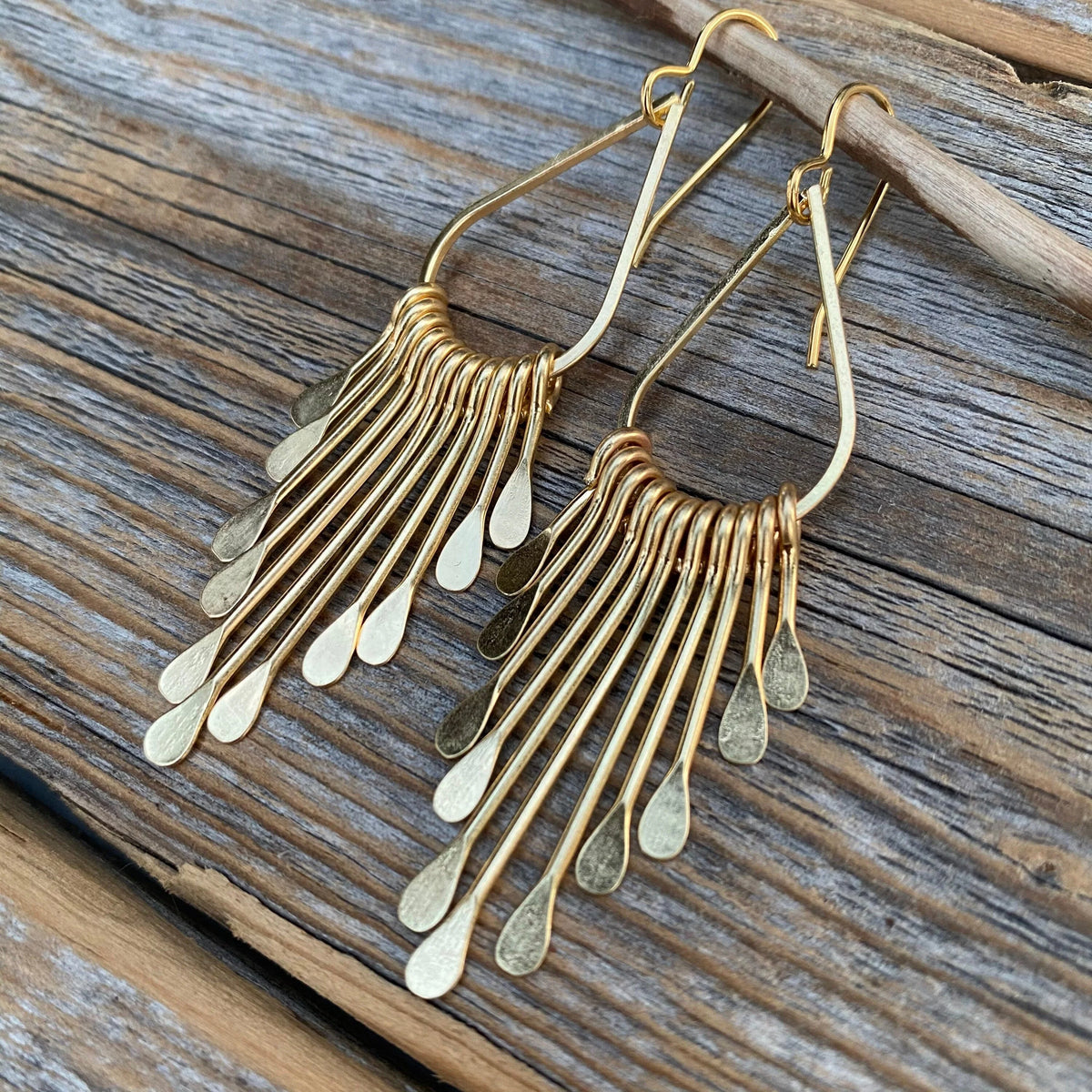 Gold Plated Brass Teardrop Earrings – Boho Hammered Paddle Fringe