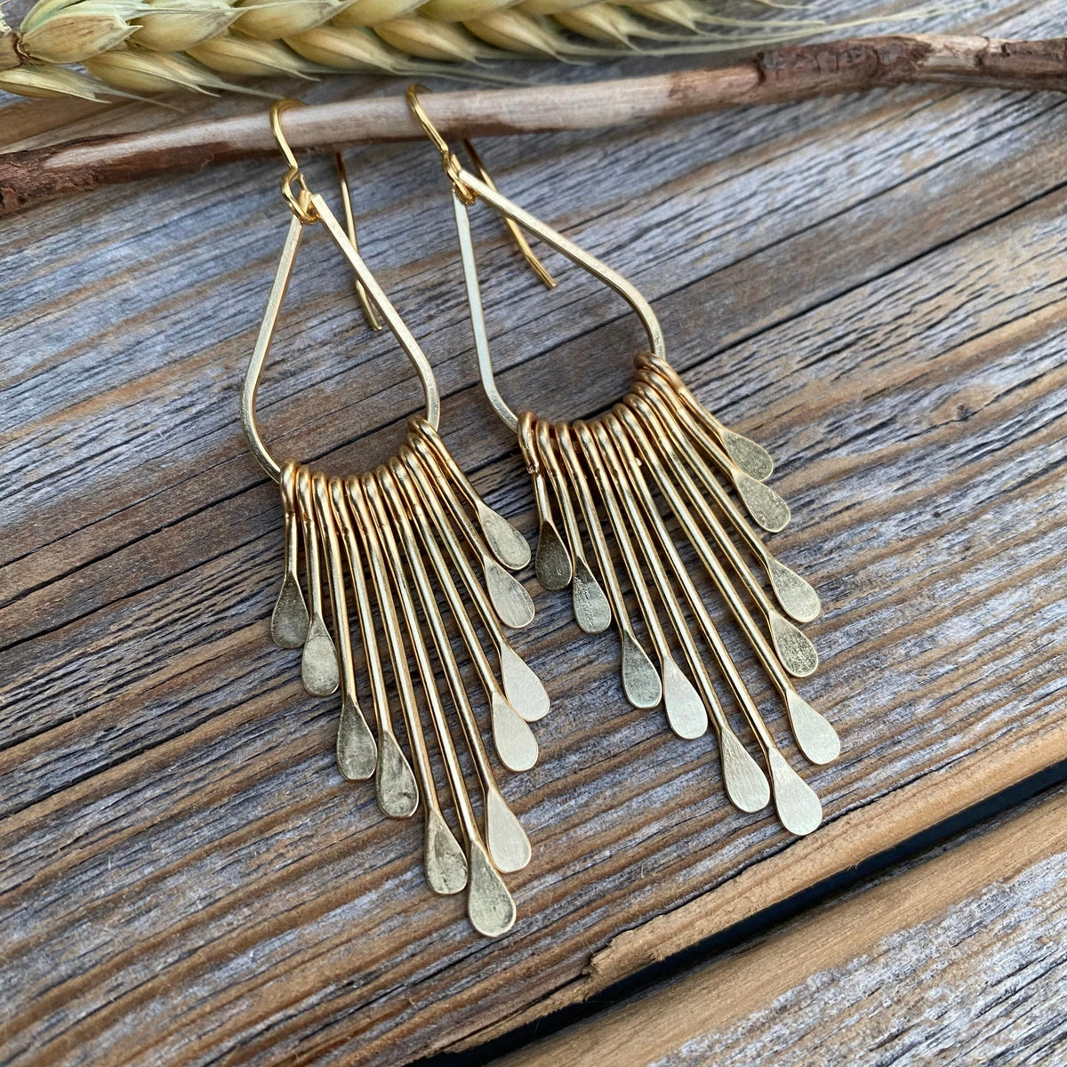 Gold Plated Brass Teardrop Earrings – Boho Hammered Paddle Fringe