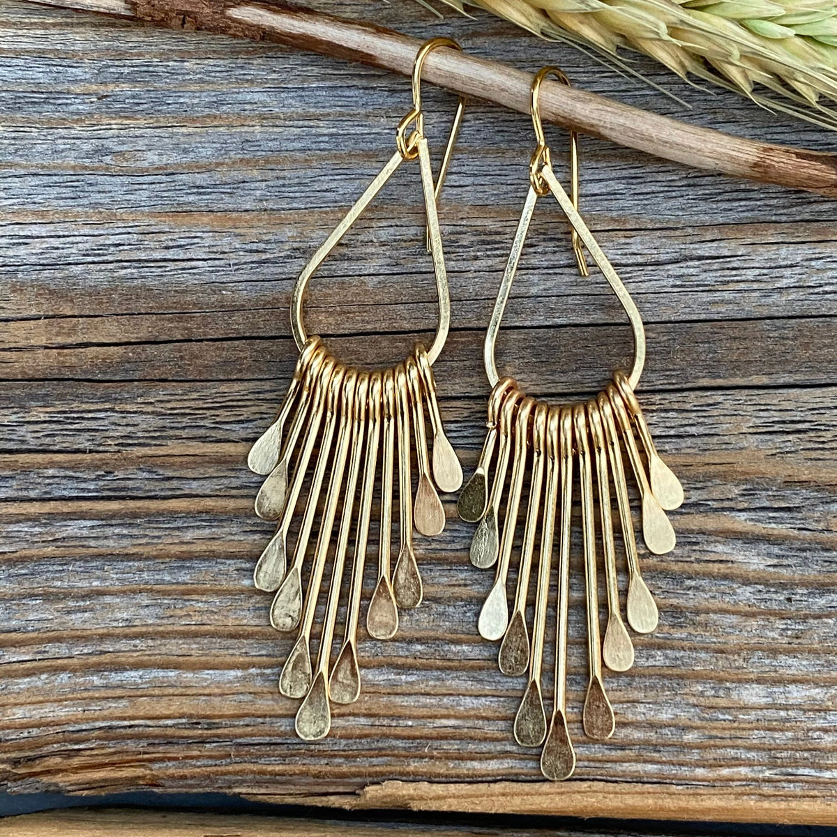 Gold Plated Brass Teardrop Earrings – Boho Hammered Paddle Fringe