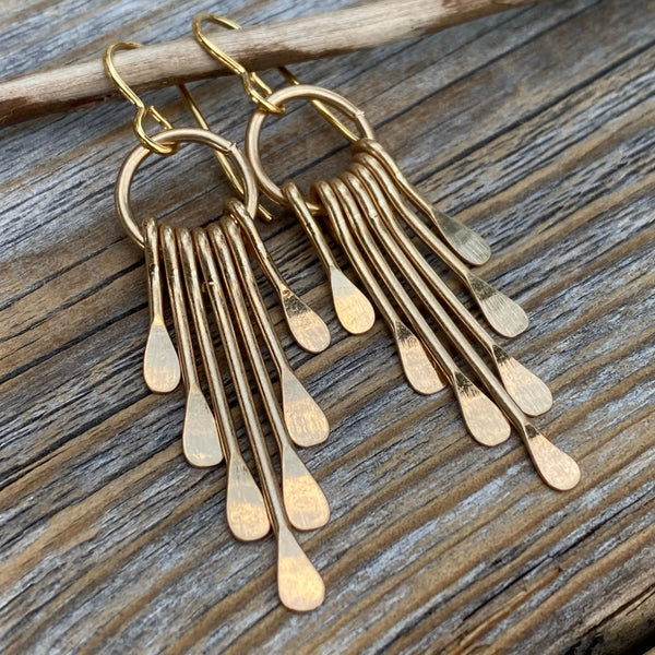 Gold Plated Fringe Earrings – Hammered Brass Boho Statement Jewelry