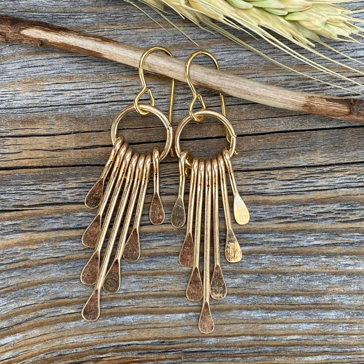 Gold Plated Fringe Earrings – Hammered Brass Boho Statement Jewelry