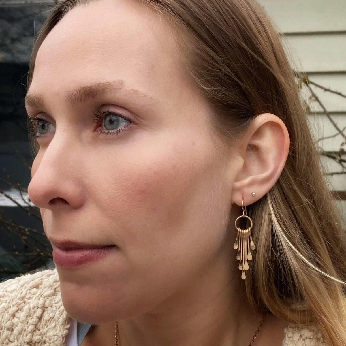 Gold Plated Hammered Fringe Dangle Earrings, Boho Geometric Statement Gift