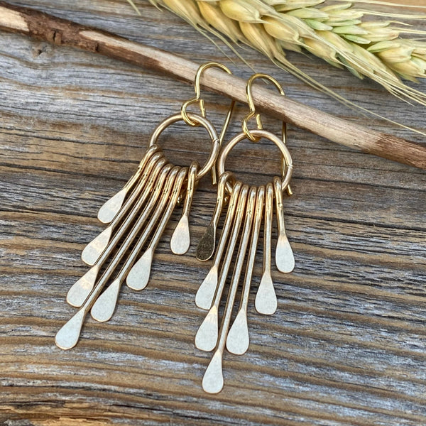 Gold Plated Hammered Fringe Dangle Earrings, Boho Geometric Statement Gift