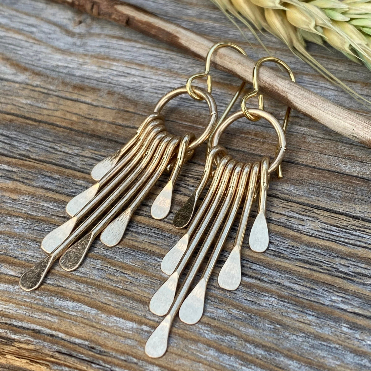Gold Plated Hammered Fringe Dangle Earrings, Boho Geometric Statement Gift