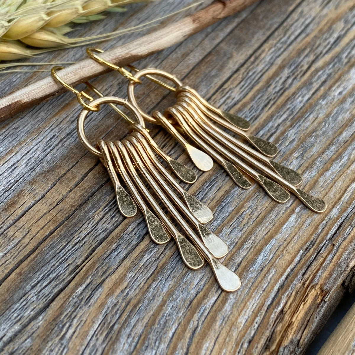 Gold Plated Hammered Fringe Dangle Earrings, Boho Geometric Statement Gift