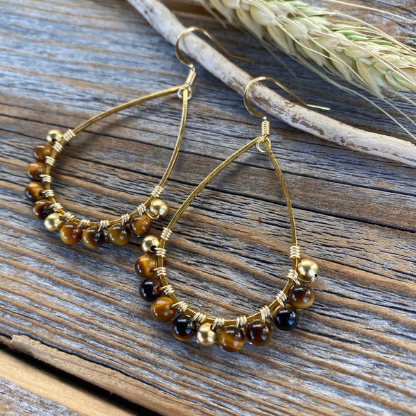 Gold Teardrop Tiger Eye Earrings – Bohemian Beaded Jewelry, Unique Gifts for Her, Classic Boho Earrings, Handmade Statement Jewelry
