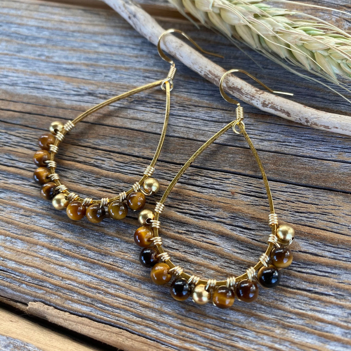 Gold Teardrop Tiger Eye Earrings – Bohemian Beaded Jewelry, Unique Gifts for Her, Classic Boho Earrings, Handmade Statement Jewelry