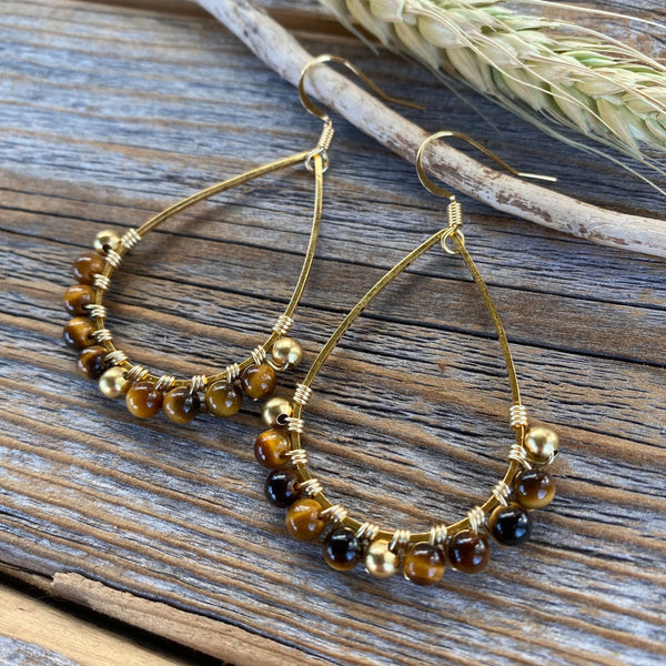 Gold Teardrop Tiger Eye Earrings – Bohemian Beaded Jewelry, Unique Gifts for Her, Classic Boho Earrings, Handmade Statement Jewelry