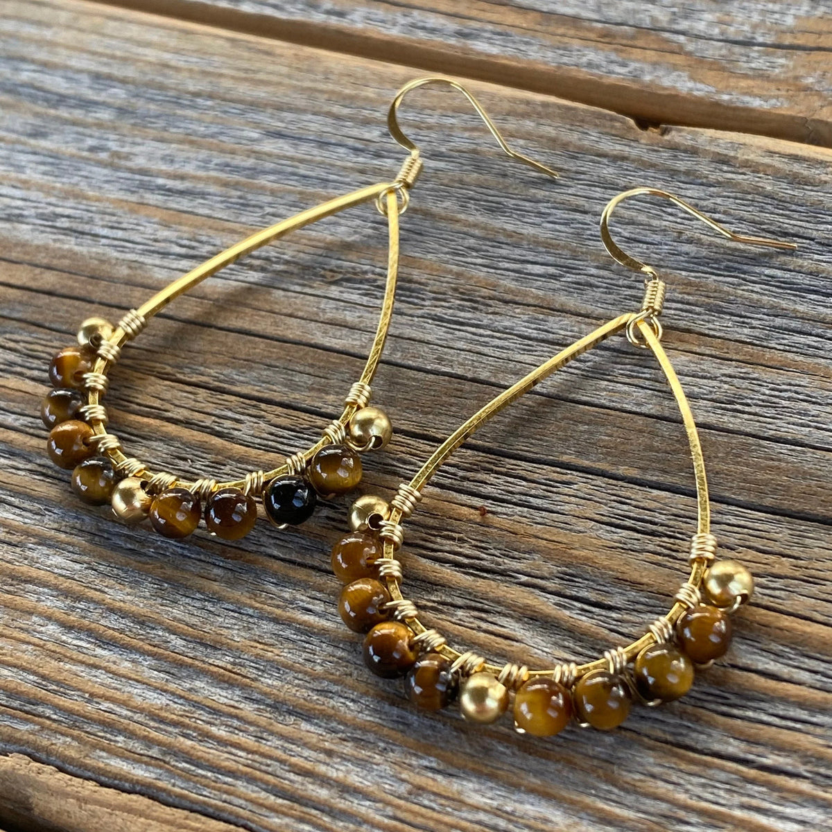 Gold Teardrop Tiger Eye Earrings – Bohemian Beaded Jewelry, Unique Gifts for Her, Classic Boho Earrings, Handmade Statement Jewelry